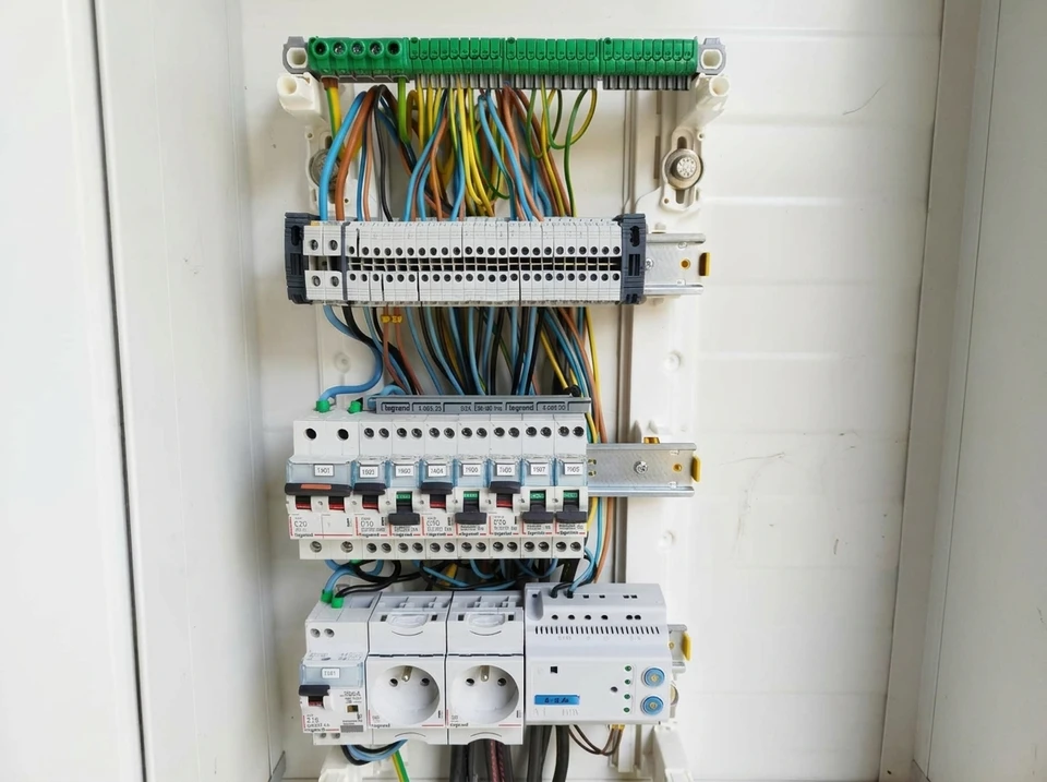 Électricien professionnel portant un casque de sécurité effectue des mesures électriques sur une prise murale résidentielle à l'aide d'un multimètre numérique