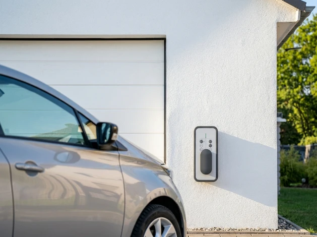 Électricien professionnel au travail en atelier ou sur chantier, portant un uniforme avec logo d'entreprise, en train d'installer ou de vérifier une installation électrique, concentré sur sa tâche. L'image doit montrer le professionnalisme, la compétence et la fiabilité en action, avec un éclairage naturel ou professionnel et un arrière-plan reflétant un environnement de travail sérieux.
