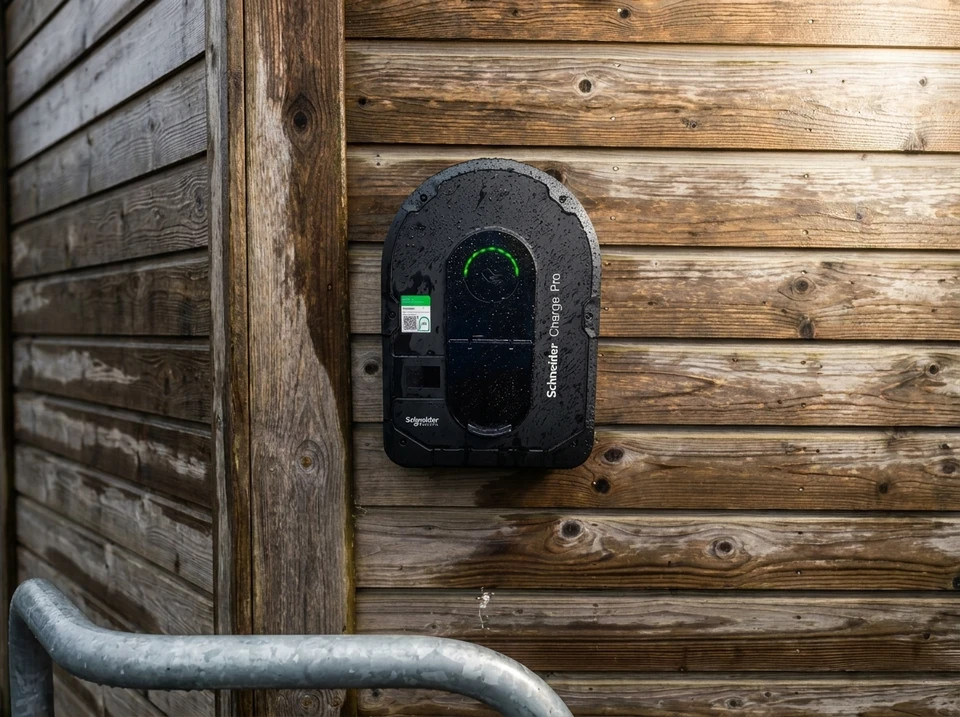 Scène extérieure ensoleillée avec véhicule électrique en cours de recharge